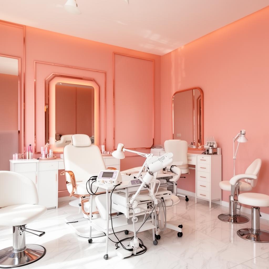 Estúdio profissional de cílios e sobrancelhas com decoração rosé elegante