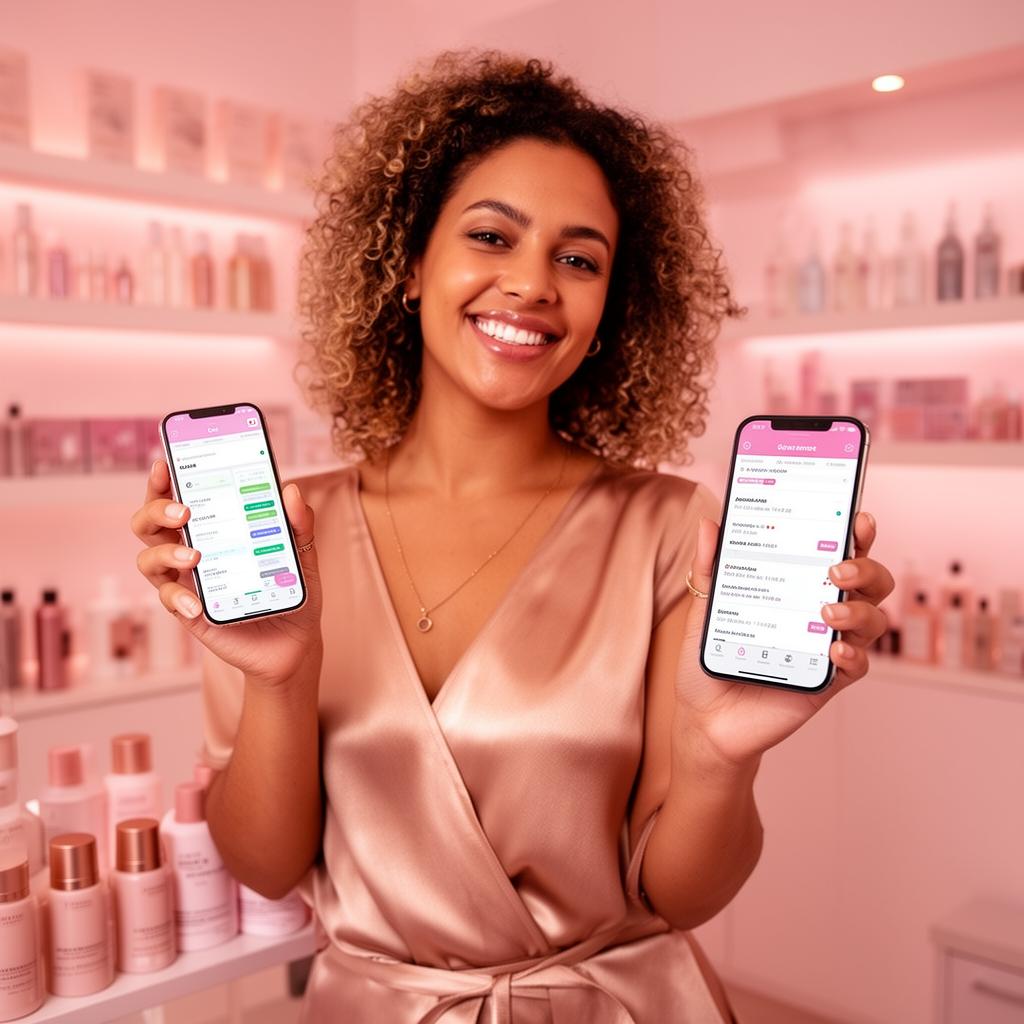 Mulher empreendedora sorrindo no seu próprio estúdio de beleza